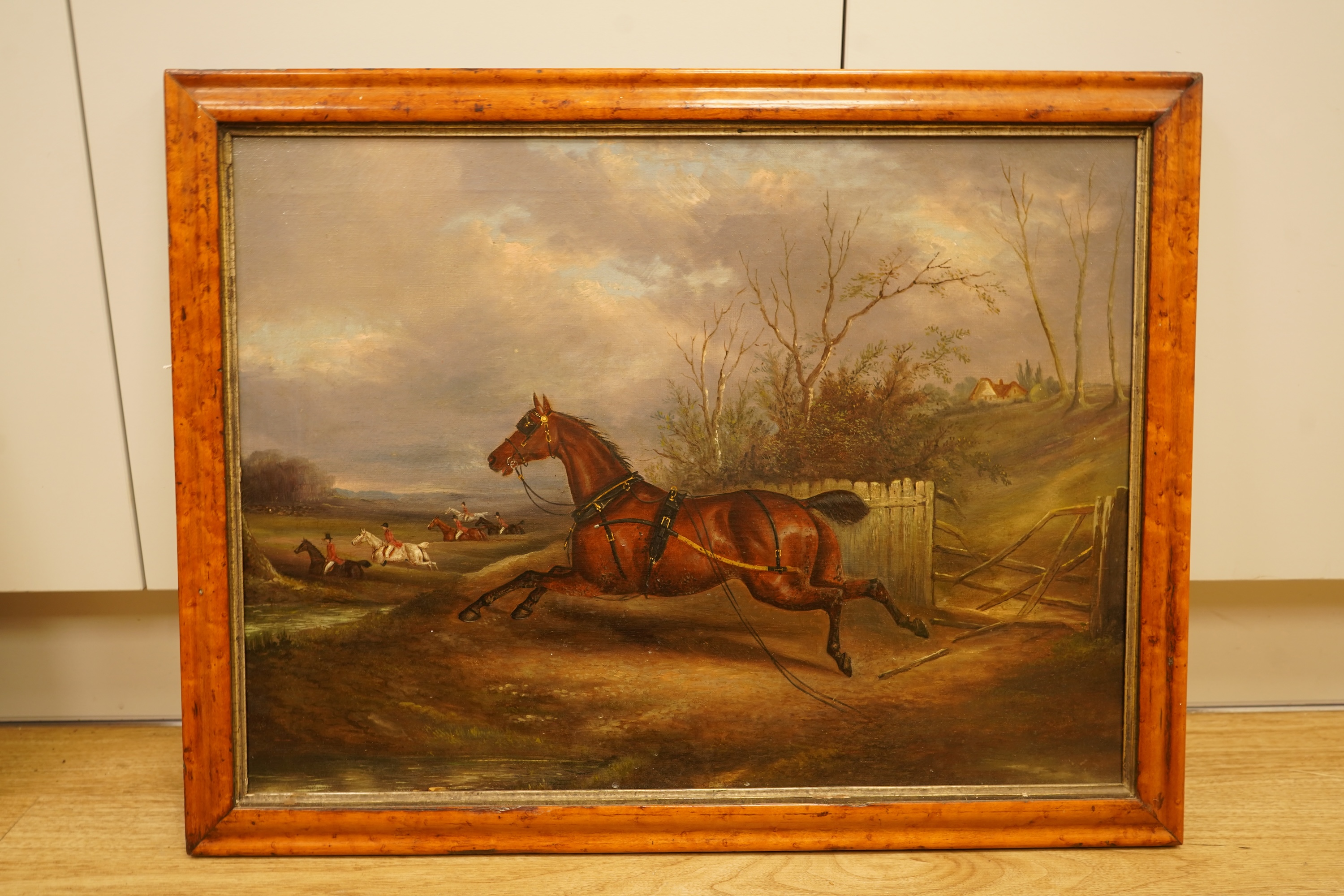 English School, late 19th century, Hunting scene with unseated horse, oil on canvas, unsigned, 43 x 59cm, maple frame